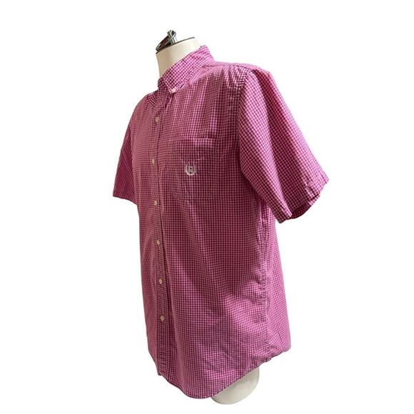 Chaps Easy-Care Button-Down S/S Peony Pink Check Logo Dress Shirt Size Large - Picture 2 of 4